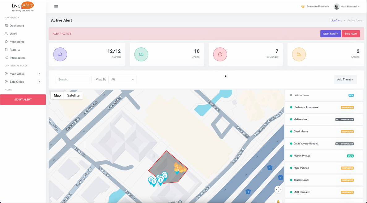 LiveAlert controller view with evacuation map and employee status